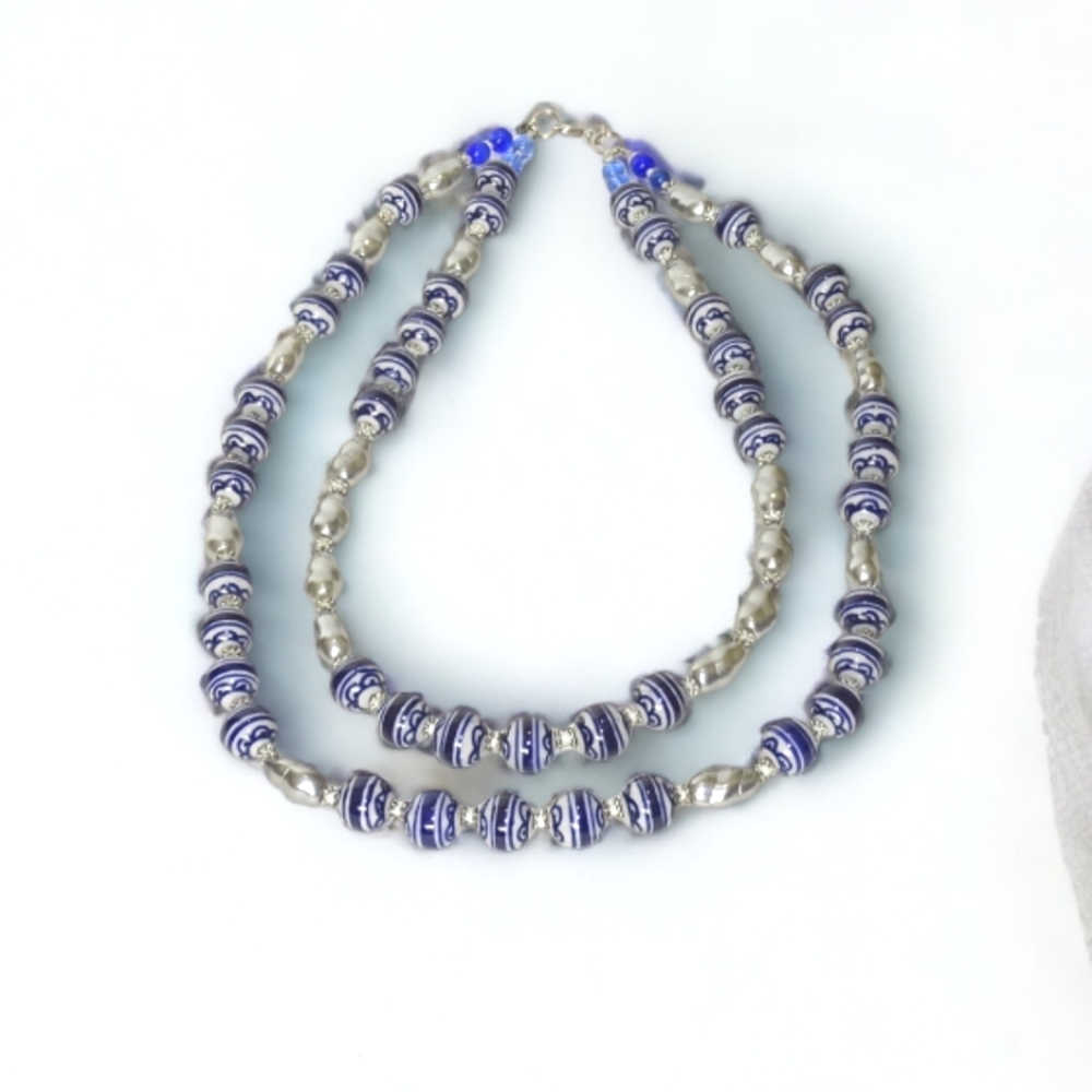 Blue and white beaded double strand necklace